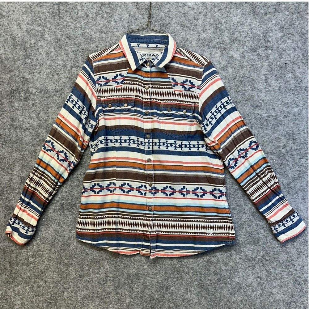 Ariat REAL Western Snap Shirt Women Size Small Blue Brown Southwest Geometric - Picture 1 of 9